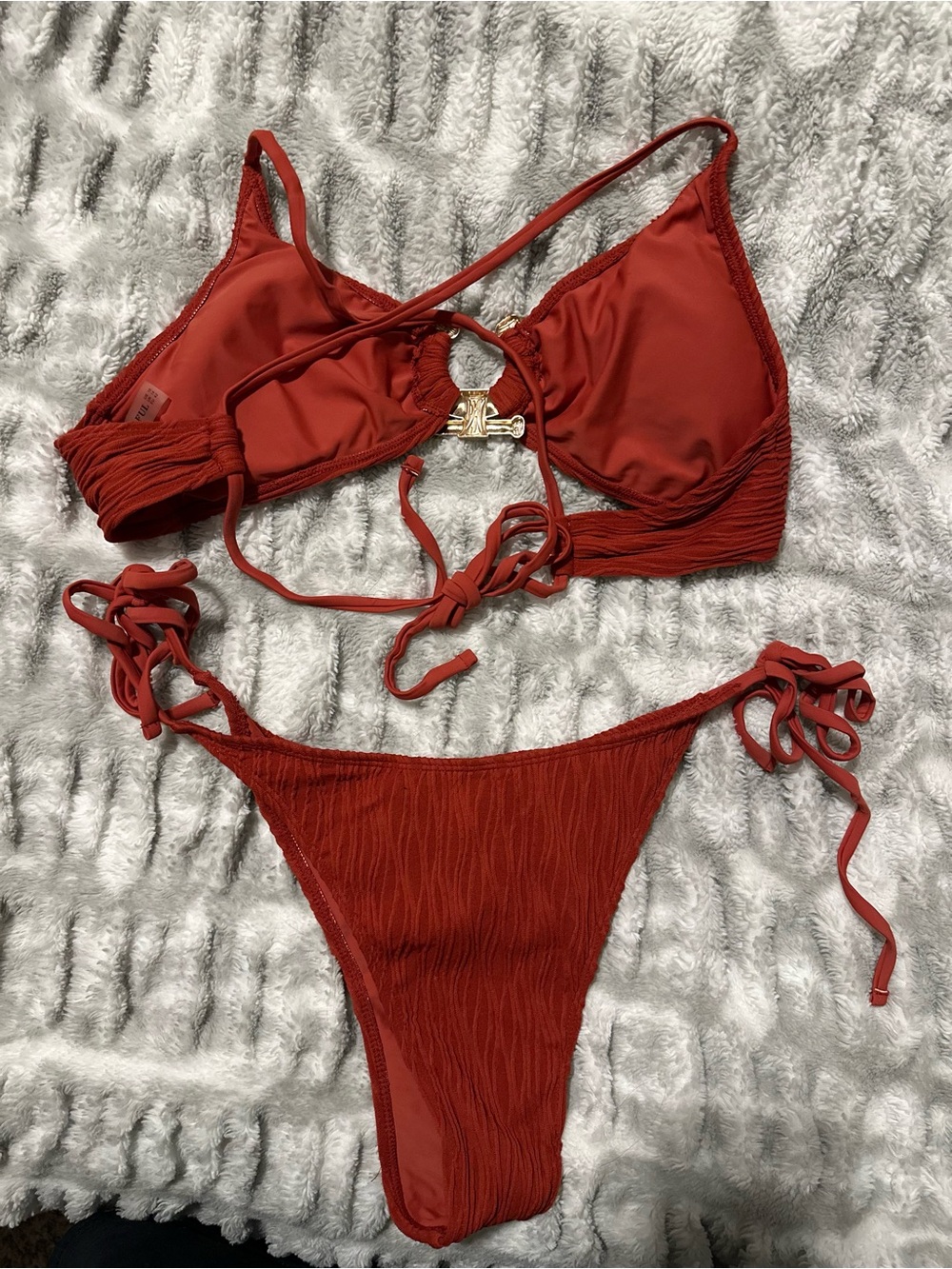 Rust Red Textured Tie-Side Bikini Set - Picture 2 of 2
